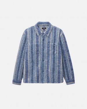 Stussy A Rayas Sherpa Shirt - Unisex Tops Shirts Azules | PMXQX54225