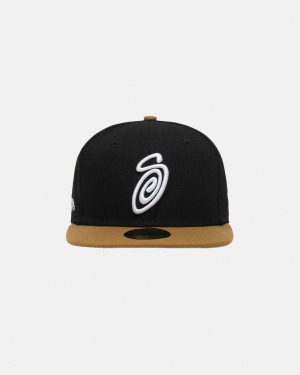 Stussy New Era 59Fifty Curly S - Unisex Negros Dorados | MXXMI15346