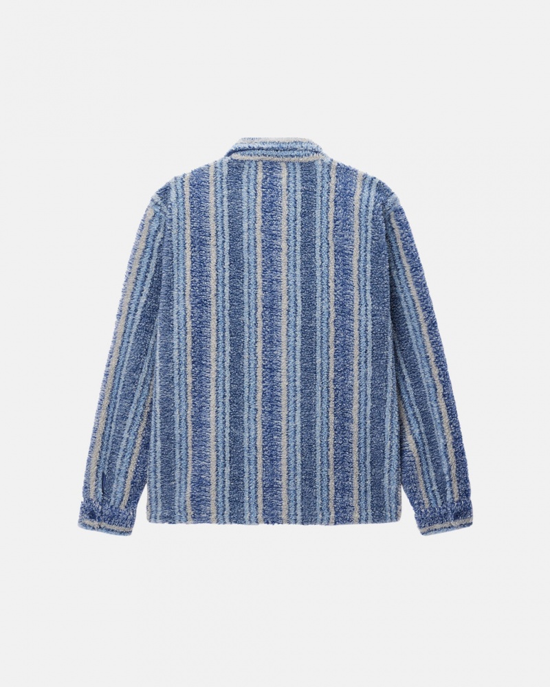 Stussy A Rayas Sherpa Shirt - Unisex Tops Shirts Azules | PMXQX54225