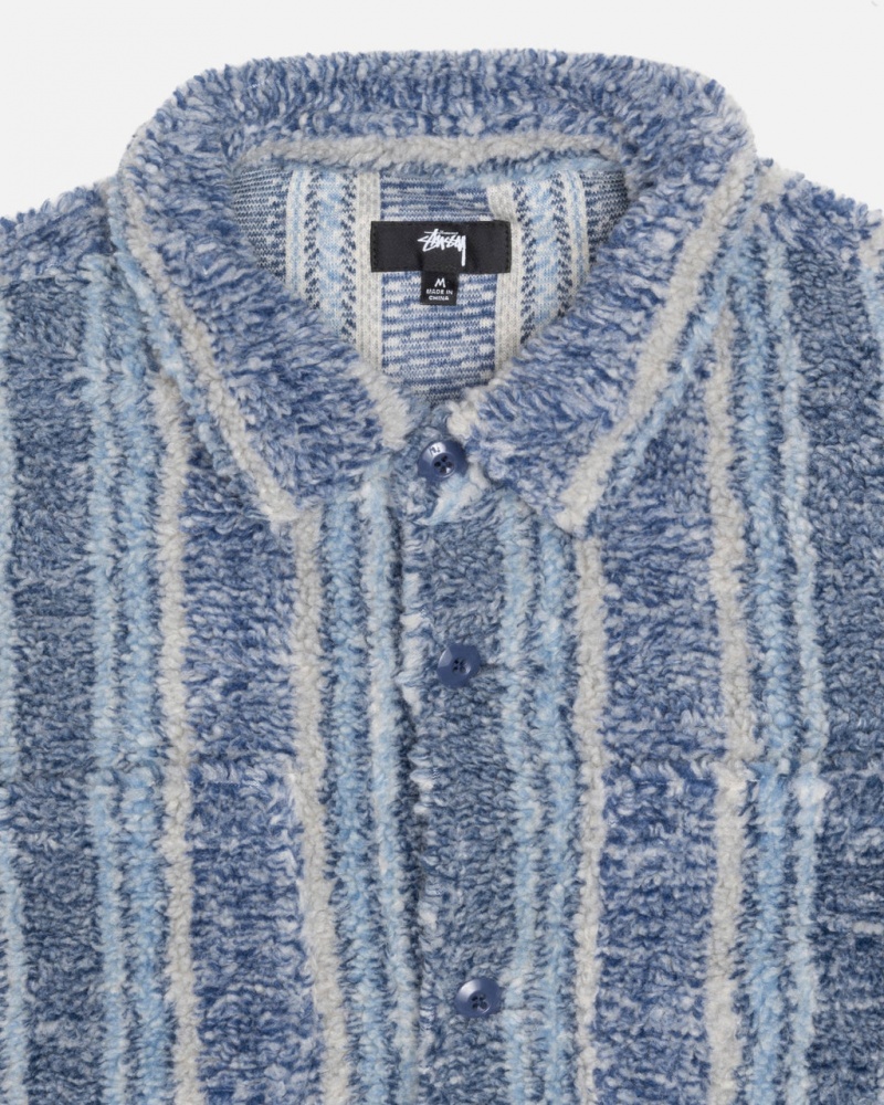 Stussy A Rayas Sherpa Shirt - Unisex Tops Shirts Azules | PMXQX54225