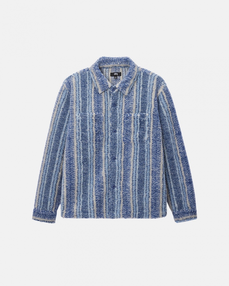 Stussy A Rayas Sherpa Shirt - Unisex Tops Shirts Azules | PMXQX54225