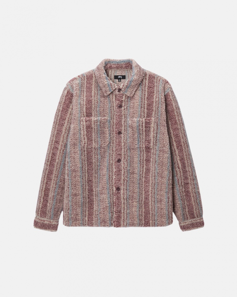 Stussy A Rayas Sherpa Shirt - Unisex Tops Rojos | DMXKV71403