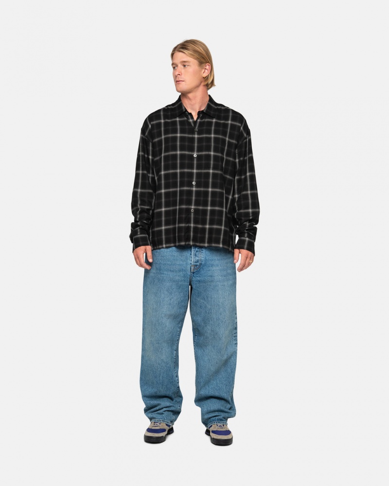 Stussy Shadow Plaid Rayon Shirt - Unisex Tops Negros | TMXWZ57978