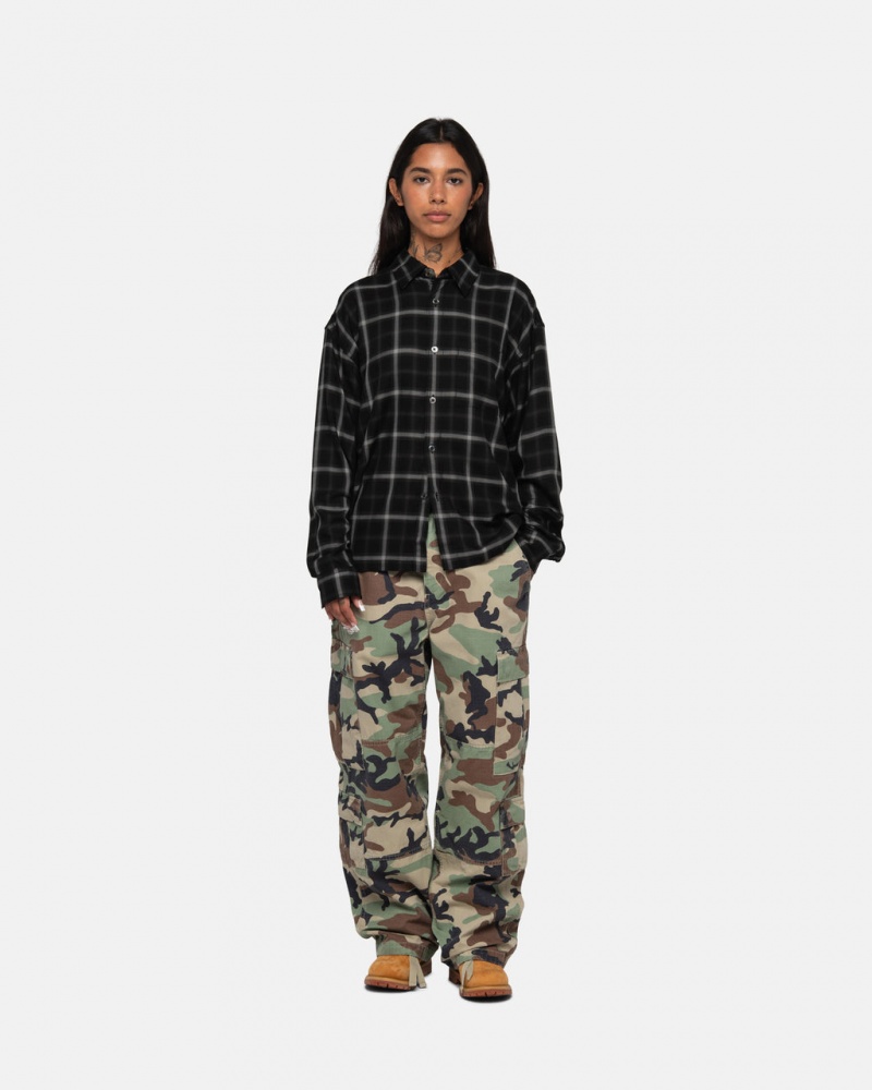 Stussy Shadow Plaid Rayon Shirt - Unisex Tops Negros | TMXWZ57978