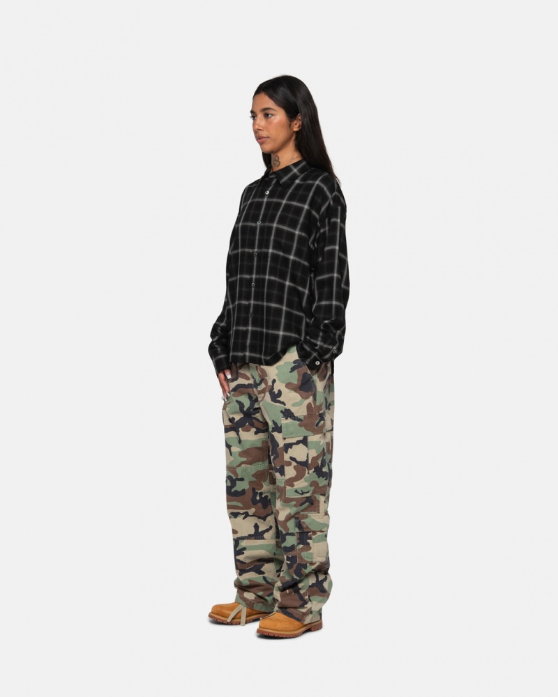 Stussy Shadow Plaid Rayon Shirt - Unisex Tops Negros | TMXWZ57978