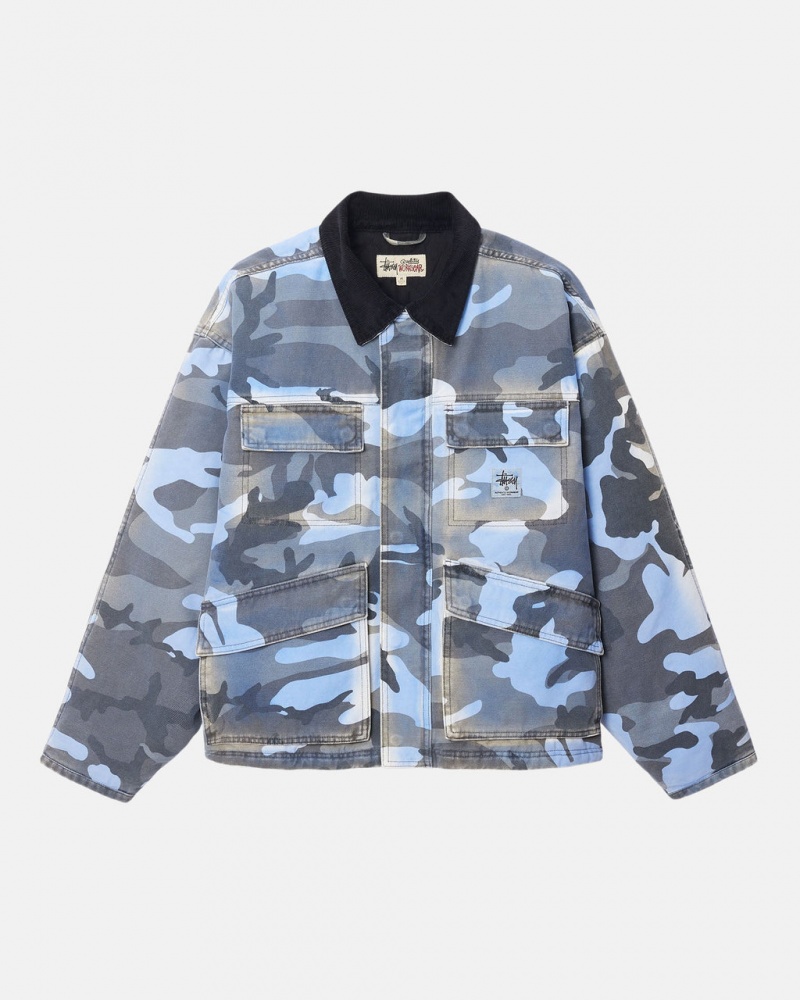 Stussy Shop Jacket Spray Dye Lona - Unisex Jackets Azules Camuflados | LMXTR79735